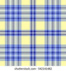 Seamless tartan plaid pattern. Stripes in dark and light blue on pale yellow background. Vector swatch print of checkered fabric texture.