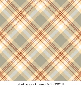 Seamless tartan plaid pattern in stripes of gray, light orange beige, white and dark red. 