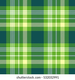 Seamless tartan plaid pattern in teal green, yellow & white stripes on bright lawn green background.