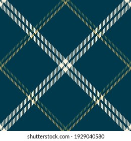 Seamless tartan plaid pattern texture in blue, green, gold. Dark slim check plaid for autumn winter for flannel shirt, scarf, skirt, other modern everyday fashion textile print.