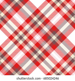 Seamless tartan plaid pattern. Traditional checker fabric texture in shades of red, pink, pale cream and white. 