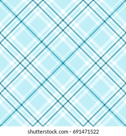 Seamless tartan plaid pattern. Traditional checker texture for digital textile printing. Stripes of light blue, teal blue and white.