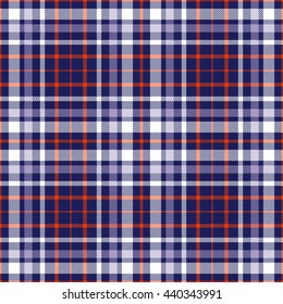 Seamless tartan plaid pattern. Twill stripes in red, lavender violet & white on dark navy blue background.