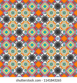 Seamless tartan plaid pattern. Vector checkered fabric texture print in shades of orange, gray and blue.