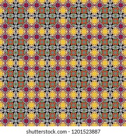 Seamless tartan plaid pattern. Vector checkered fabric texture print in shades of gray, yellow and red.