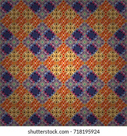 Seamless tartan plaid pattern. Vector checkered fabric texture print in shades of orange, yellow and violet.