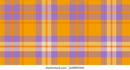 A seamless tartan plaid pattern in vibrant yellow, purple, and orange shades. Ideal for textile design, fashion, creative projects, and decorative backgrounds with a cheerful and bold aesthetic.