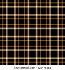 Seamless Tartan Plaid Pattern. White And Orange Stripes On Black Background.