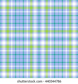 Seamless tartan plaid pattern in white, lime green & teal green twill stripes on cerulean blue background.