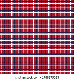 Seamless tartan plaid vector pattern in red, blue, and white colors. Checkered texture print in stripes of white and dark blue on the red background. Endless print for wrapping paper, fabric
