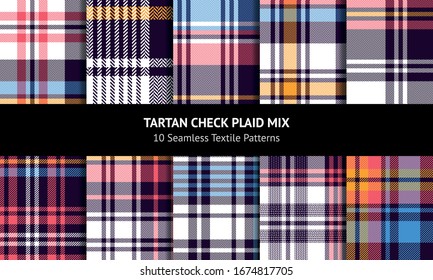 Seamless tartan plaids. Colorful dark check plaid patterns in black, blue, pink, yellow, and white for flannel shirt, blanket, skirt, duvet cover, or other autumn and winter fabric prints.