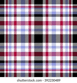 Seamless tartan/plaid pattern. Black, white, dark red and lavender blue twill twill. 