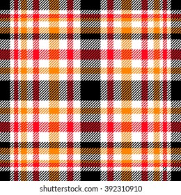 Seamless tartan/plaid pattern. Black, white, red and orange twill. 