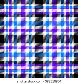Seamless tartan/plaid pattern. Violet, black, blue and white twill. 
