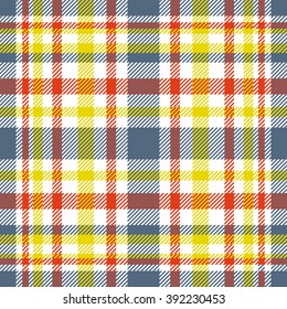 Seamless tartan/plaid pattern. White, dark blue, red and yellow twill. 