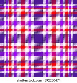 Seamless tartan/plaid pattern. White, purple, violet and bright red twill. 