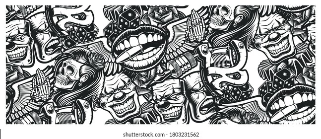 Seamless tattoo background with a skull, mask, tattoo machine, and other elements tattoo. Ideal for printing for fabric, wall decoration, and many other uses