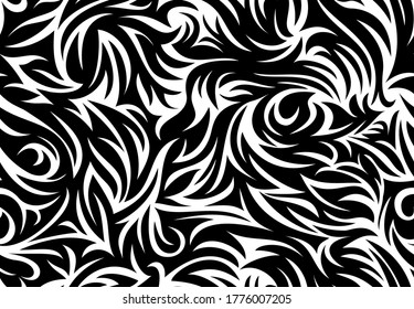 Seamless tattoo floral tribal background. Black enveloping loop pattern repeatable zembra camouflage maze. Vector detailed clear image. Minimum nodes.