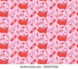 Seamless tattoo pattern in pink and red colors with shoes