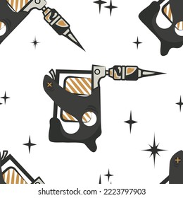 Seamless tattoo pattern. A set for a tattoo artist. Brutal vector illustration. Orange-black picture. Halloween. Minimalism.