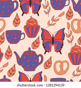 Seamless tea abstract pattern. Tea time illustration. Doodles abstract background. 