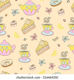 Seamless tea background with cakes, sweets and slices of lemon.