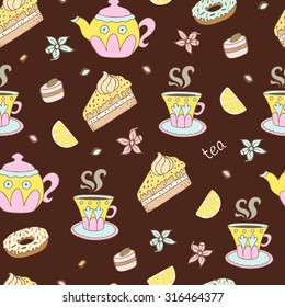 Seamless tea background with cakes, sweets and slices of lemon.