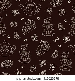Seamless tea background with cakes, sweets and slices of lemon.
