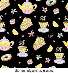 Seamless tea background with cakes, sweets and slices of lemon.