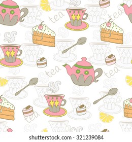 Seamless tea background with cakes, sweets and slices of lemon.