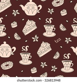 Seamless tea background with cakes, sweets and slices of lemon.