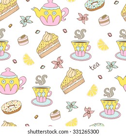 Seamless tea background with cakes, sweets and slices of lemon.  Can be used for wallpaper, web page background, surface textures.