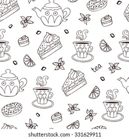 Seamless tea background with cakes, sweets and slices of lemon.  Can be used for wallpaper, web page background, surface textures.