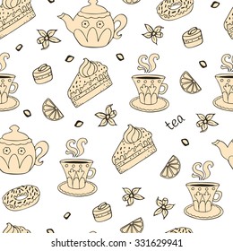 Seamless tea background with cakes, sweets and slices of lemon.  Can be used for wallpaper, web page background, surface textures.