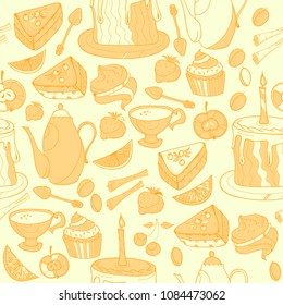 Seamless tea background with cakes, teapots, cups, candies. Time for tea hand drawn art