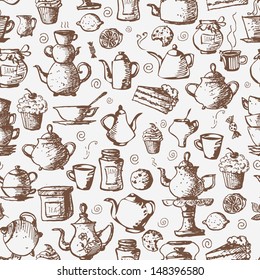 Seamless tea background with cakes, teapots, cups, jam, lemons and candies. Can be used for wallpaper, pattern fills, textile, web page background, surface textures. Vector illustration. 