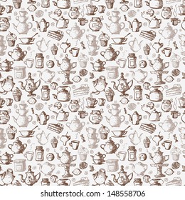 Seamless tea background with cakes, teapots, cups, jam, lemons and candies. Can be used for wallpaper, pattern fills, textile, web page background, surface textures. Vector illustration. 