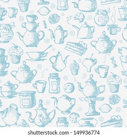 Seamless tea background with cakes, teapots, cups, jam, lemons and candies. Can be used for wallpaper, pattern fills, textile, web page background, surface textures. Vector illustration. 