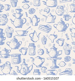 Seamless tea background with cakes, teapots, cups, jam, lemons and candies. Can be used for wallpaper, pattern fills, textile, web page background, surface textures. Vector illustration. 