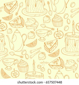 Seamless tea background with cakes, teapots, cups, candies. Time for tea and teapot, sweet pastries seamless background, doodle tea party hand drawn sketch