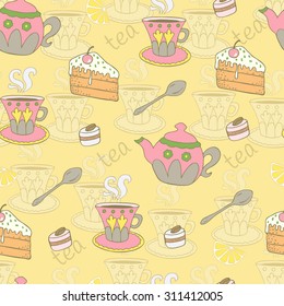 Seamless tea background with teapots, cake, sweets and lemons