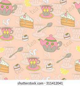Seamless tea background with teapots, cake, sweets and lemons