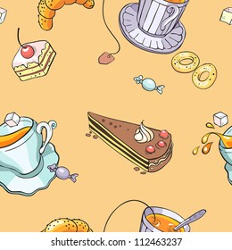 Seamless  tea and cake  party vector pattern background