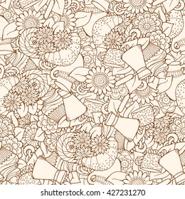 Seamless tea and coffee doodle pattern with paisley and flowers. Ethnic zentangle pattern template can be used for menu, wallpaper, pattern fills. Hand Drawn. Grunge pattern.