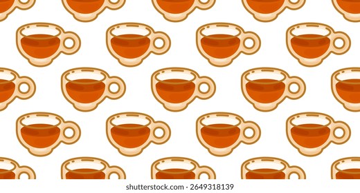 Seamless Tea Cup Pattern. Seamless pattern with cartoon tea cups in warm brown and orange colors. Flat style illustration on white background.