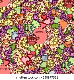 Seamless tea doodle background with paisley and flowers. Ethnic zentangle pattern template can be used for menu, wallpaper, pattern fills, coloring books for kids and adults. Hand Drawn Vector.