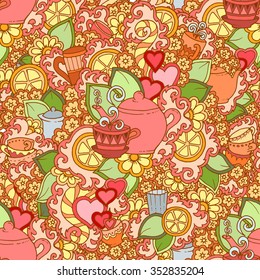 Seamless tea doodle background with paisley and flowers. Ethnic zentangle pattern template can be used for menu, wallpaper, pattern fills, coloring books for kids and adults. Hand Drawn Vector.