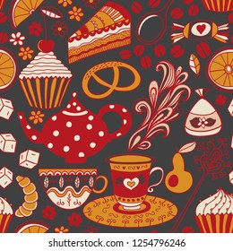 Seamless tea doodles abstract pattern background. Hand drawn doodle tea time vector illustration. Isolated drink symbols collection.  Coffee and confectionery in organic style.