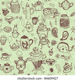 Seamless tea hand-drawn doodle pattern in green