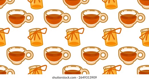 Seamless Tea Honey Jar Pattern. Seamless pattern with cartoon tea cups and honey jars tied with ribbon in warm colors. Flat style illustration on white background.